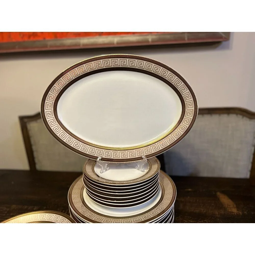 28 Piece Vintage Chattanooga Dining Set with Gold Greek Key Accents